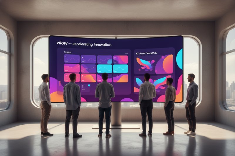 Abstrakte Illustration: Kreativteam mit Content-Kalender und KI-Assets