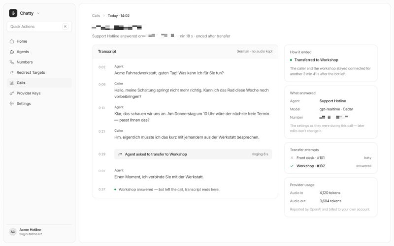 Anrufdetail mit Transkript, Weiterleitung und Provider-Verbrauch