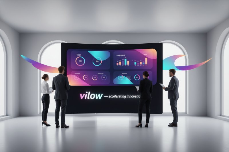 Abstrakte Illustration: Finanzteam mit KPI-Dashboard zu Krediten und Compliance