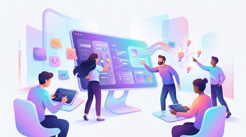 Abstrakte Illustration: Team bei einem Corporate Hackathon mit Prototyp und Ideenentwicklung