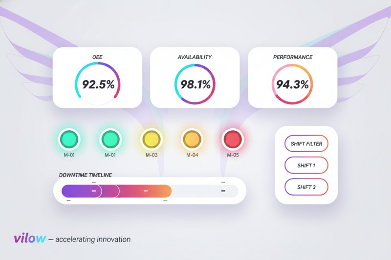 Illustration: Produktions-Dashboard mit OEE-Kennzahlen und Maschinenstatus