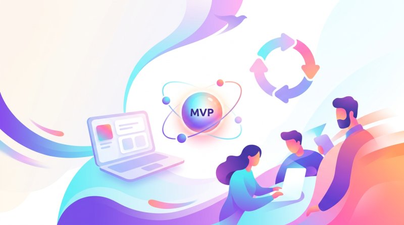 Abstrakte Illustration: MVP-Entwicklung mit Build-Measure-Learn-Zyklus und fokussiertem Produktkern