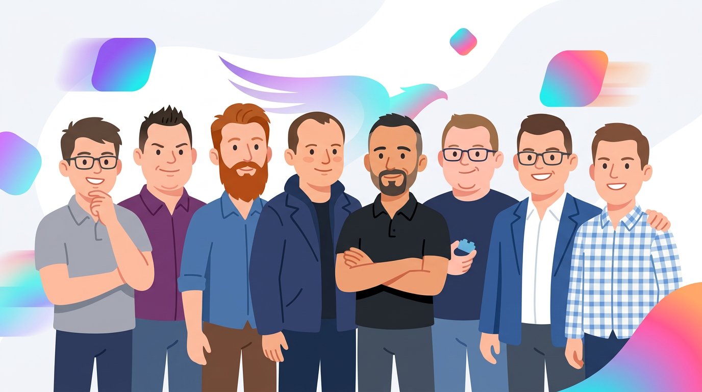 Cartoon-Gruppenillustration des vilow-Teams im Markenstil: Expertennetzwerk für Low-Code, KI, Entwicklung und Innovation