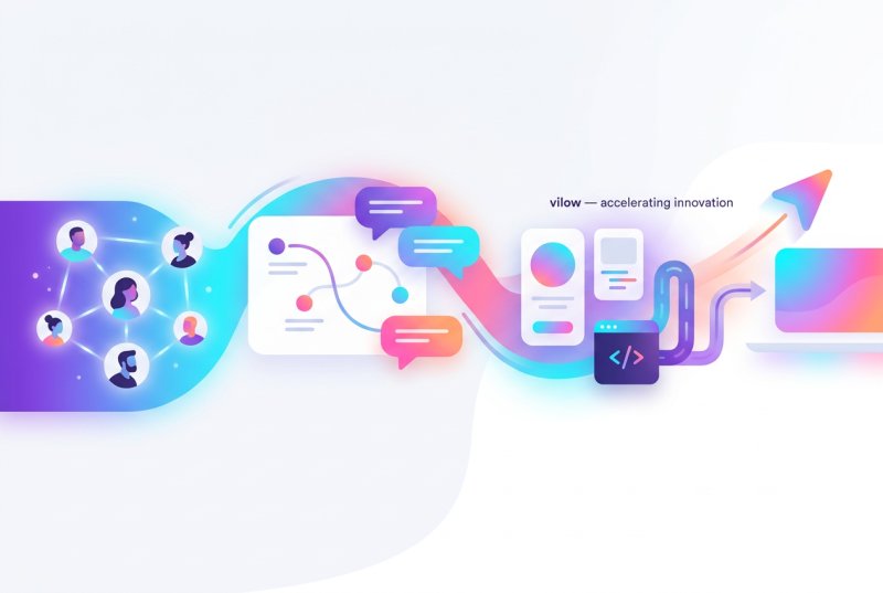 Abstrakte Illustration: Experten-Team, Beratung und Umsetzung — von der Idee bis zum live Produkt im vilow-Stil